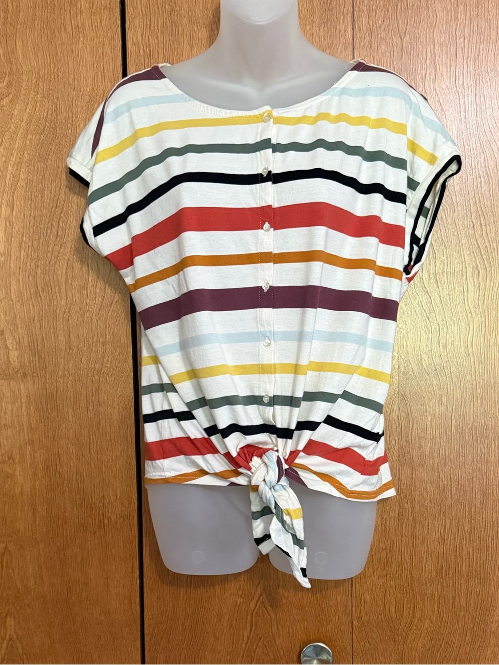 Chaps Multicolor Striped Button Up Short Sleeve Tie-Front Top Size L Like New